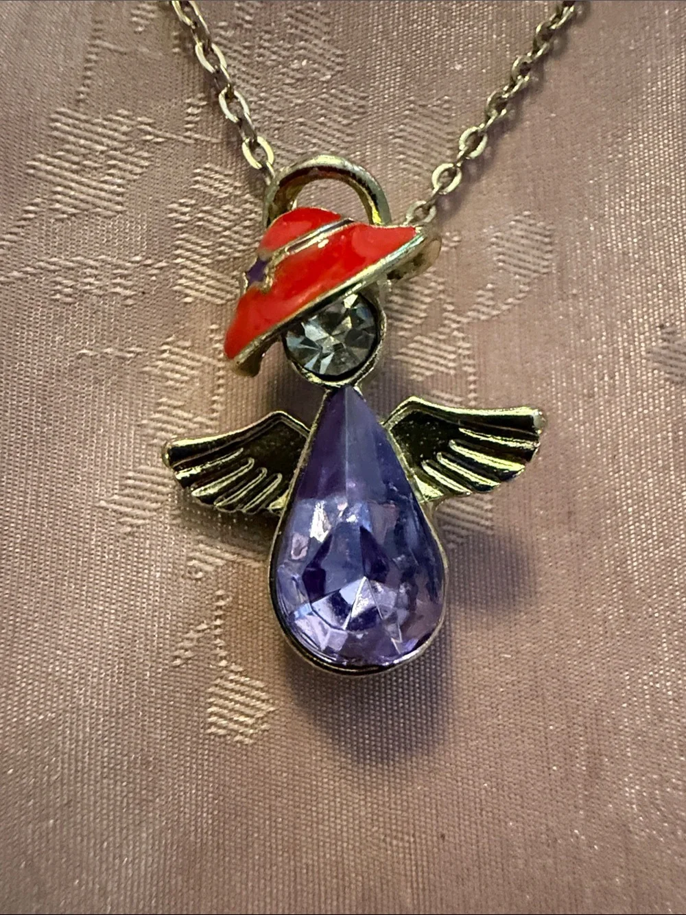 Purple Teardrop Angel Pendant Necklace with Red Hat
